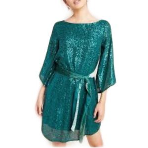Anthropologie ⭐️NWT⭐️ size small green, sequin tunic dress with velvet sash